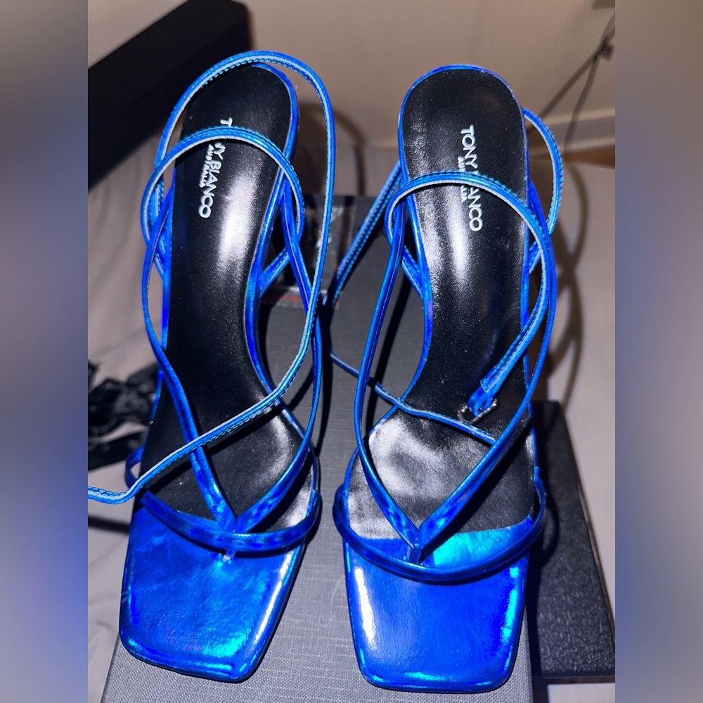 Metallic blue ankle strap heels